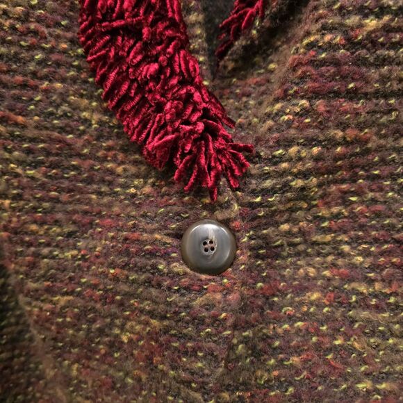 VTG Red Fringe Cardigan Sweater SzM Holiday Thin Knit Wool Shoulder Pads 80s 90s - Picture 9 of 16